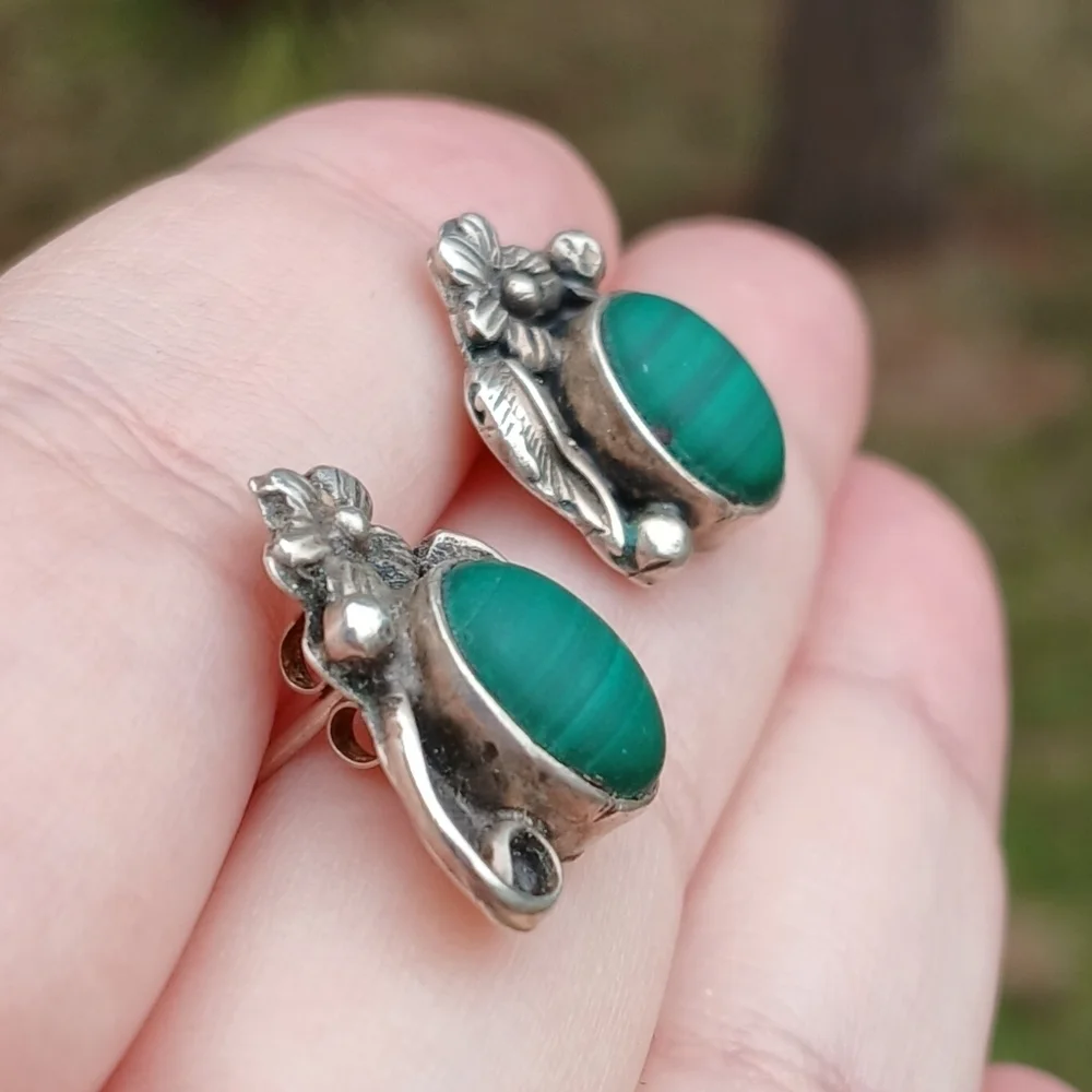 Vintage Carol Felley Sterling Silver and Malachite Earrings For Pierced Ears